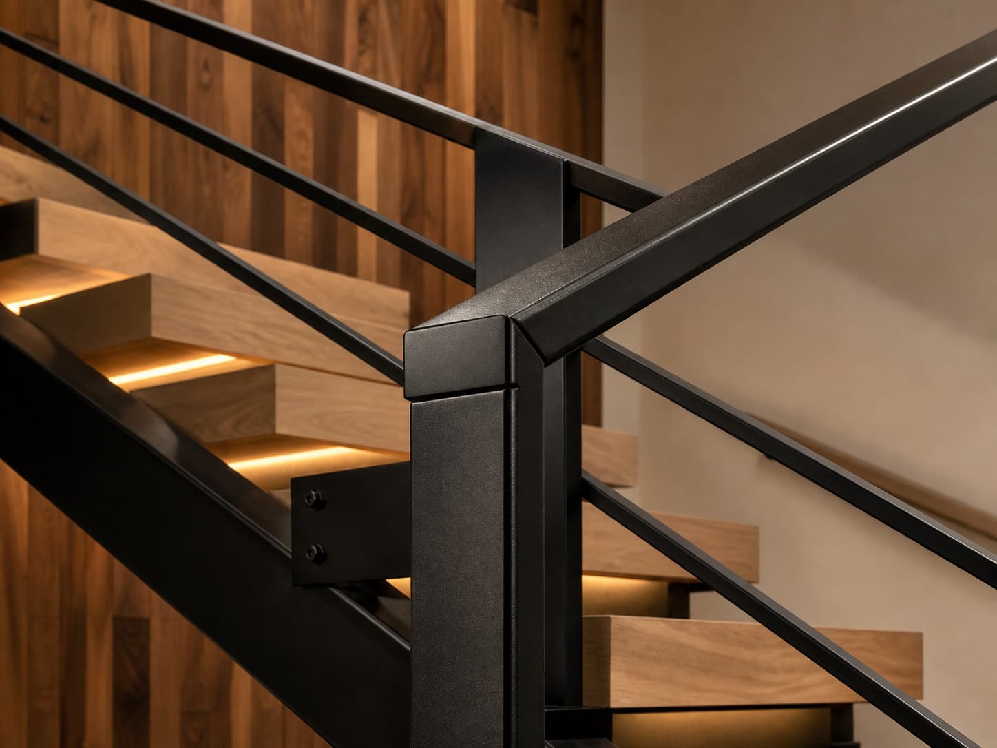Close-up detail of precision-crafted matte black architectural metalwork.